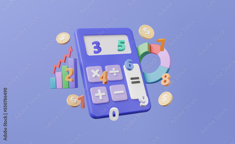 Calculator and basic math operation symbols math, plus, minus, multiplication, number divide on purple background. mathematic learning education concept. Minimal cartoon. 3d render illustration Calculator and basic math operation symbols math, plus, minus, multiplication, number divide on purple background. mathematic learning education concept. Minimal cartoon. 3d render illustration
