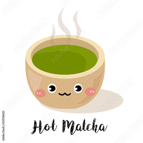 Cute matcha hot green tea vector cartoon isolated cut-out clipart on white background