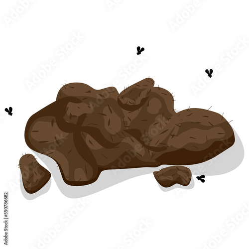 Vector illustration of a pile of horse manure with flies on a white background. Smelly animal poop cartoon.