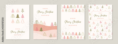 Colourful hand drawn trees. Christmas cards set. Vector illustration