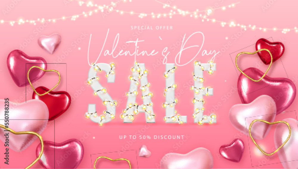 Happy Valentines Day big sale typography poster with 3D pink and gold hearts. Vector illustration