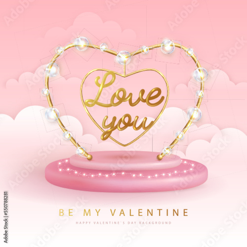 Happy Valentines Day poster with 3D red metallic love heart and electric lamps. Vector illustration