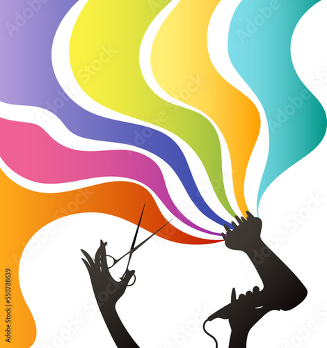 Flowing colored curls of hair. Scissors and hair dryer in hand. Design for beauty and hair salon