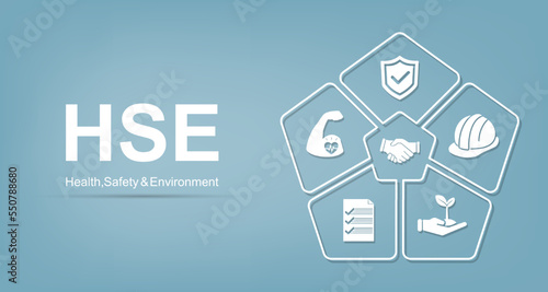 Banner Safety, Health, Environment. or HSE Concept. Is the responsibility Or agency concerning occupational health, safety and environment within the factory. EPS 10 vector