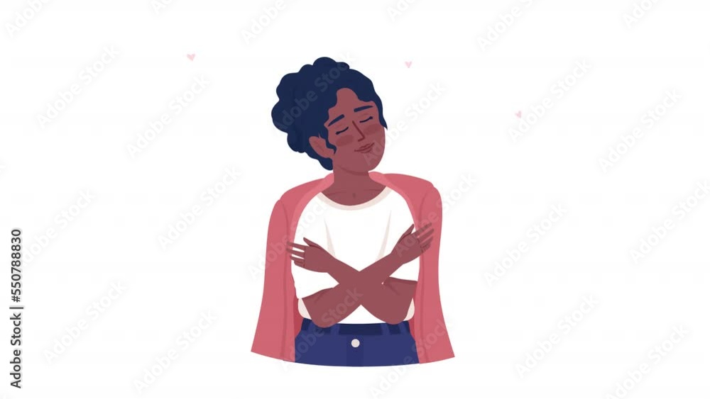 Animated embracing self character. Feeling happiness with hug. Half body flat person on white background with alpha channel transparency. Colorful cartoon style HD video footage for animation Animated embracing self character. Feeling happiness with hug. Half body flat person on white background with alpha channel transparency. Colorful cartoon style HD video footage for animation