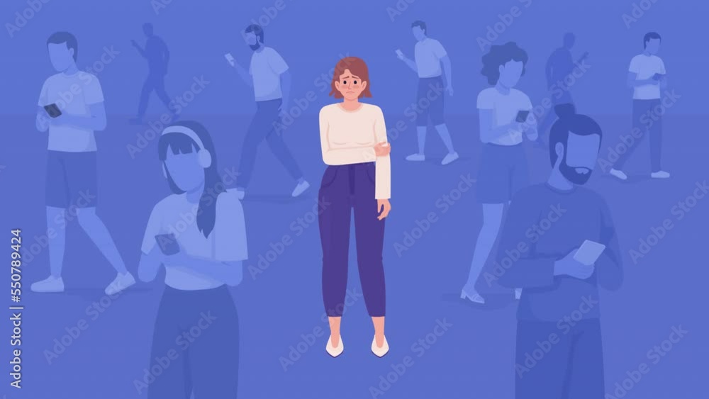 Animated alone in crowd illustration. Social anxiety in public. Feeling uncomfortable. Looped flat color 2D cartoon characters animation with walking passers on background. HD video with alpha channel Animated alone in crowd illustration. Social anxiety in public. Feeling uncomfortable. Looped flat color 2D cartoon characters animation with walking passers on background. HD video with alpha channel