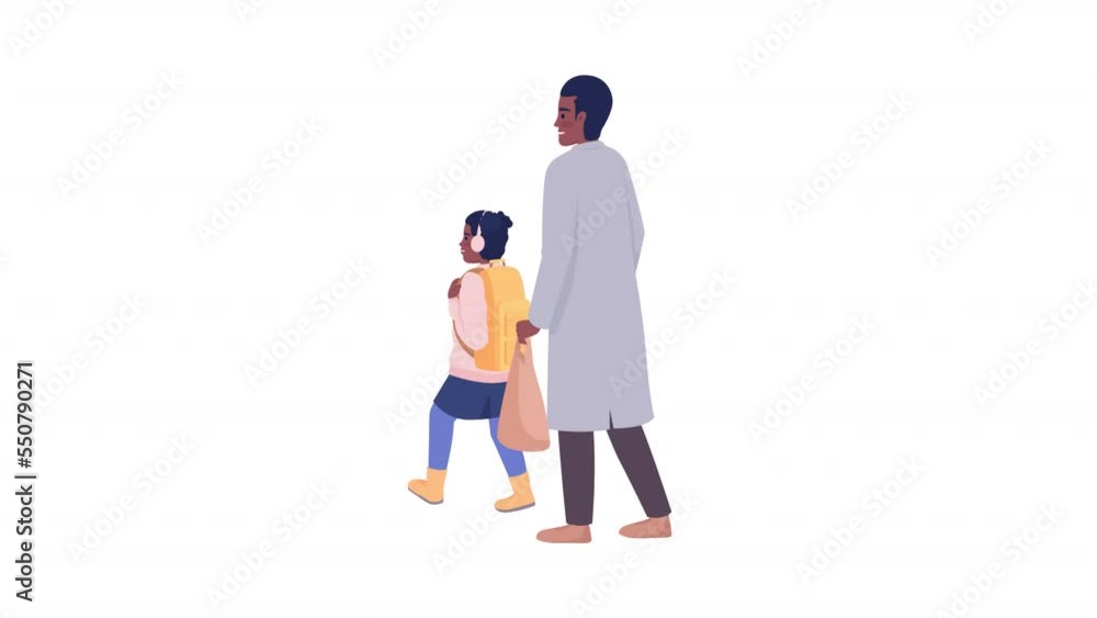 Animated family characters. Father and daughter going home. Full body flat people on white background with alpha channel transparency. Colorful cartoon style HD video footage for animation Animated family characters. Father and daughter going home. Full body flat people on white background with alpha channel transparency. Colorful cartoon style HD video footage for animation
