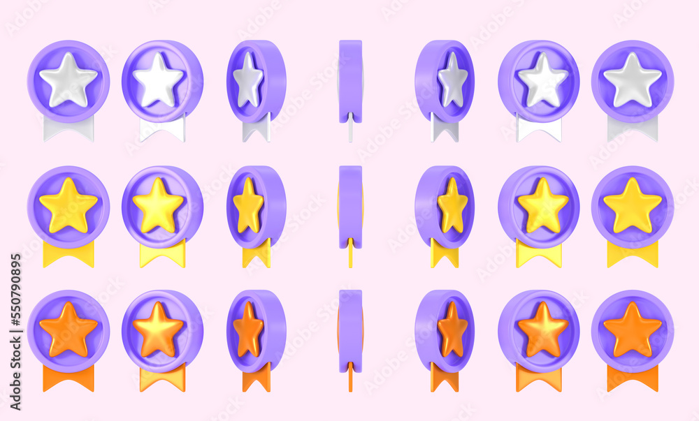 Set of rotate medals animation 3d render. Purple circle award badges