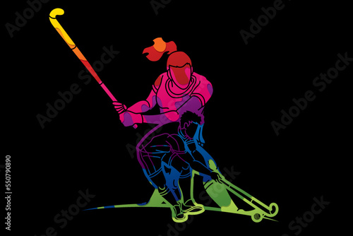 Group of Field Hockey Sport Team Male and Female Players Mix Action Cartoon Graphic Vector