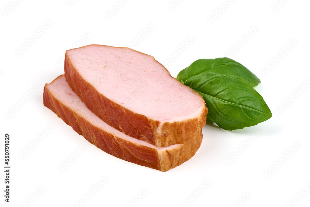 Smoked Pork loin, isolated on white background.