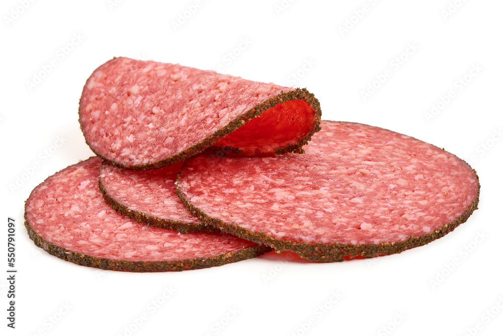 Peppered Italian salami, isolated on white background. Peppered Italian salami, isolated on white background.