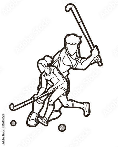 Group of Field Hockey Sport Team Male and Female Players Mix Action Cartoon Graphic Vector