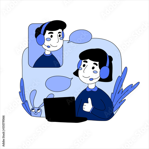 Video calling with friend. Speechbubble, worldwide, online, message, support service, 24, dialog window. Communication concept. Vector illustration in blue color in flat style of the people