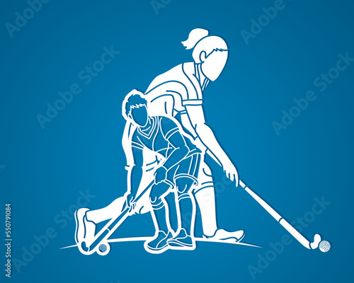 Group of Field Hockey Sport Team Male and Female Players Mix Action Cartoon Graphic Vector