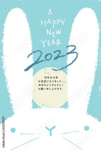 うさぎのドアップ年賀状（水色）　挨拶文／コメント書き込み欄あり