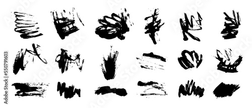 Set of black paint, ink brush strokes, spots, curls, scribbles. Vector dirty, grunge artistic design elements, backgrounds, textures. © olechkaart