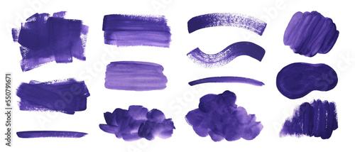 Set of hand painted textures, abstract forms, backgrounds, design elements. Violet brush strokes, frames, stains.