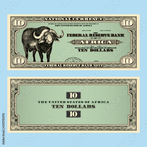 Vector fictional African money with a face value of 10 dollars. Obverse and reverse of the banknote with a guilloche frame and a large buffalo.