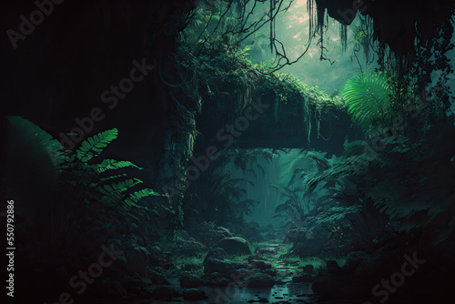 Fototapeta Naklejka Na Ścianę i Meble -  Ancient ruins in dark excotic tropical jungle illustration