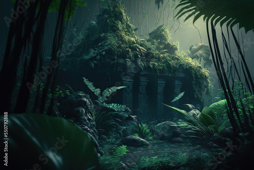 Fototapeta Naklejka Na Ścianę i Meble -  Ancient ruins in dark excotic tropical jungle illustration