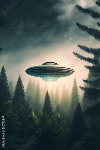 Alien flying saucer, ufo hovering above forest