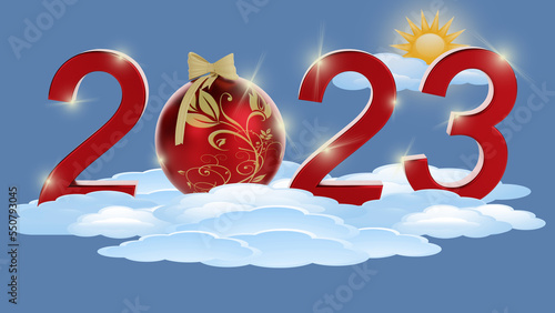 Illustrazione 3D. Anno nuovo 2023. Capodanno, 2023  in numeri, a celebrare l'arrivo del nuovo anno,  sospeso nel cielo tra le nuvole.. photo