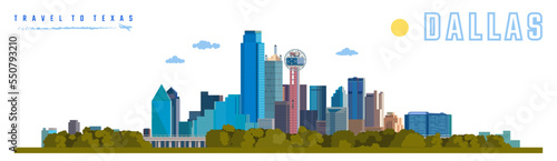 Vector illustration on the theme of Dallas city skyline, landmarks and travel tourism.