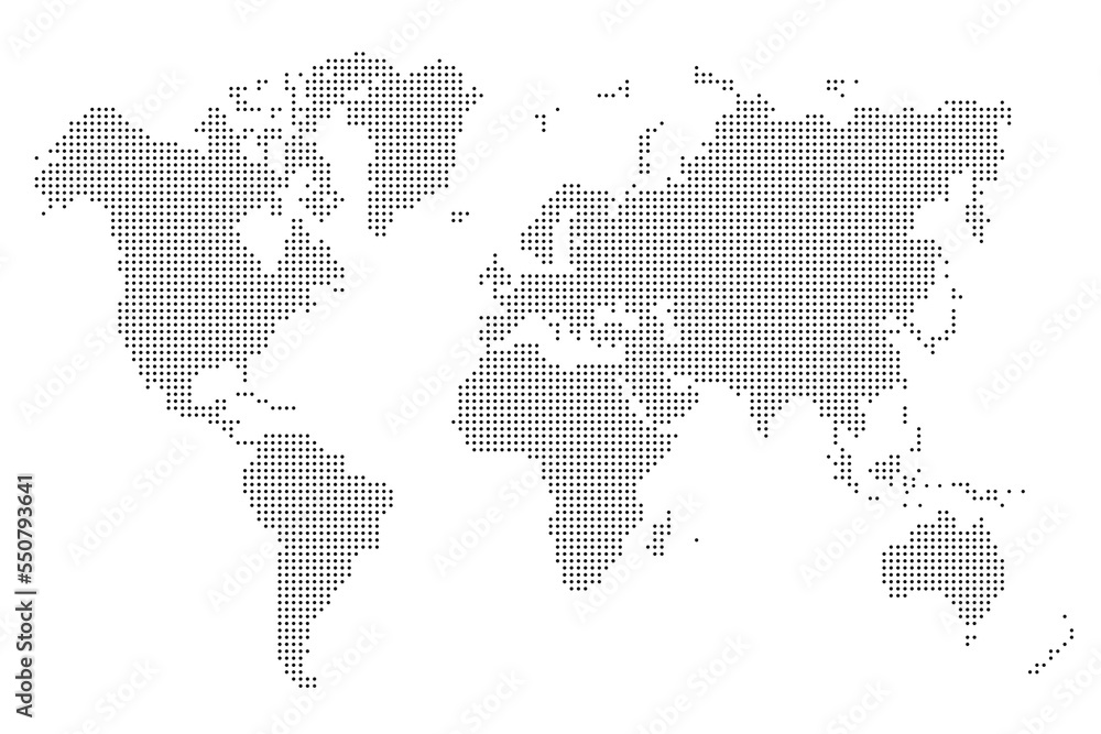 Naklejka premium World map stylized with dots on white background. Dotted world map with continents, North and South America, Europe and Asia, Africa and Australia