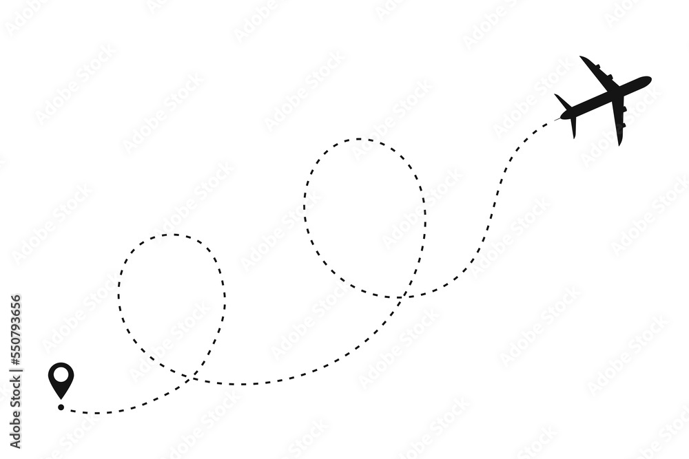 Airplane route in abstract dotted line shape. Background for travel and tourism, travel concept. Start point, airplane and dashed line trace Airplane route in abstract dotted line shape. Background for travel and tourism, travel concept. Start point, airplane and dashed line trace