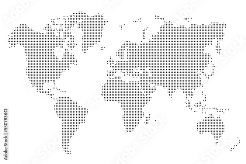 World map stylized with dots on white background. Dotted world map with continents  North and South America  Europe and Asia  Africa and Australia