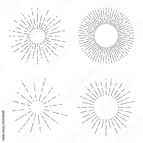 Vintage sun rays, retro sunburst. Set of sun rays in linear style. Sunburst for sketches, vintage elements in boho style	
