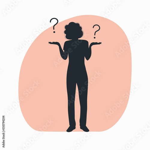 Silhouette of a woman in doubt and surrounded by question marks. Vector illustration.