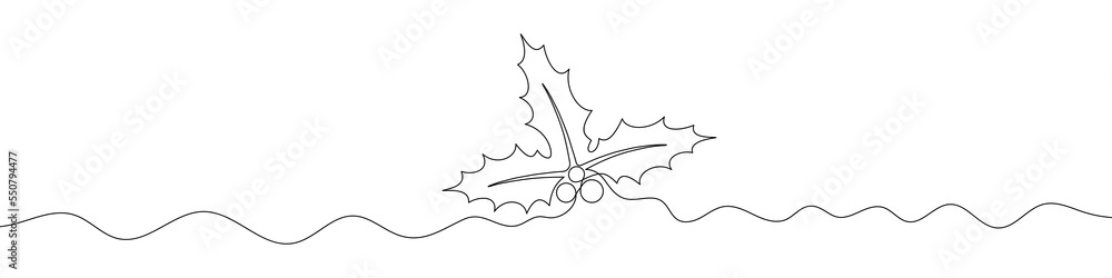 Christmas plant in continuous line drawing style. Line art of holly leaves with berry. Vector illustration. Abstract background Christmas plant in continuous line drawing style. Line art of holly leaves with berry. Vector illustration. Abstract background
