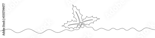 Christmas plant in continuous line drawing style. Line art of holly leaves with berry. Vector illustration. Abstract background