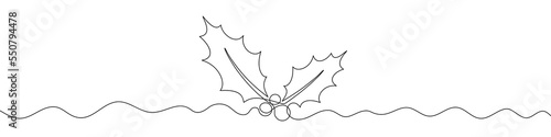 Christmas plant in continuous line drawing style. Line art of holly leaves with berry. Vector illustration. Abstract background