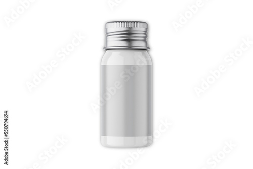 Screw cap metal lid glass glossy bottle with empty label mockup isolated on white background. 3d rendering.
