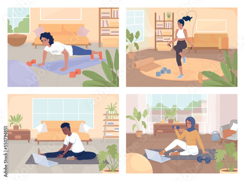Simple exercising at home flat color vector illustrations set. Regular workout for wellbeing. Fully editable 2D simple cartoon characters collection with domestic interiors on background
