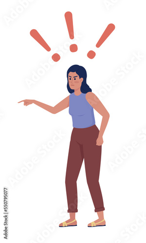 Angry young woman pointing with finger semi flat color vector character. Editable figure. Full body person on white. Simple cartoon style illustration for web graphic design and animation