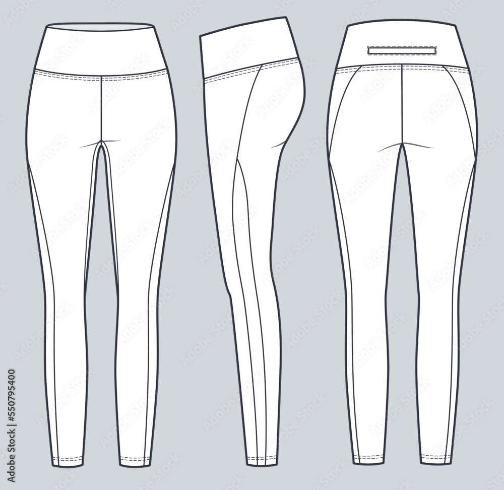 Leggings pants technical fashion illustration. Sports Leggings fashion flat technical drawing template, high-rise, front, side and back view, white colour, CAD mockup. - obrazy, fototapety, plakaty 