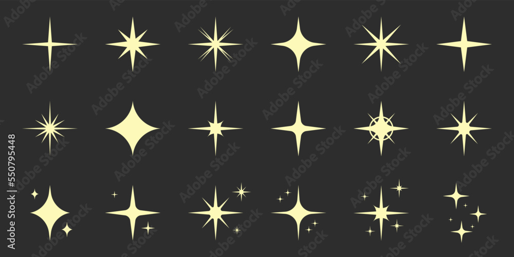 Sparkle Gold Star Silhouette Icon Set. Glow Spark Flash Stars Pictogram Collection. Shine Burst Magic Decoration Symbol. Glistering Effect Light. Golden Twinkle Flare. Isolated Vector Illustration Sparkle Gold Star Silhouette Icon Set. Glow Spark Flash Stars Pictogram Collection. Shine Burst Magic Decoration Symbol. Glistering Effect Light. Golden Twinkle Flare. Isolated Vector Illustration