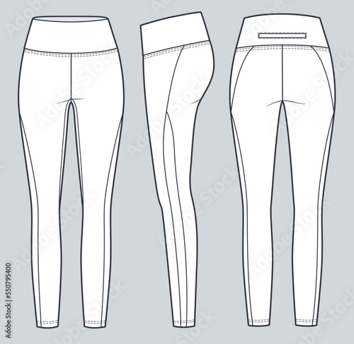 Leggings pants technical fashion illustration. Sports Leggings fashion flat technical drawing template, high-rise, front, side and back view, white colour, CAD mockup. photo