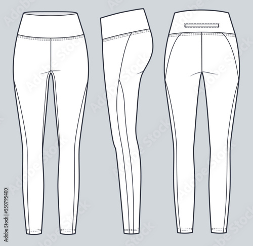 Leggings pants technical fashion illustration. Sports Leggings fashion flat technical drawing template, high-rise, front, side and back view, white colour, CAD mockup.