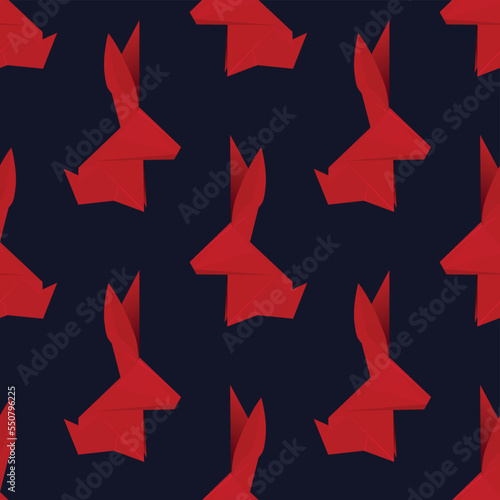 Vector seamless pattern with origami red rabbits on dark background. Texture with polygonal hares. Symbol of Chinese of New year.
