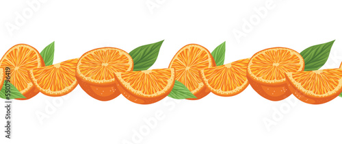 Vector seamless border with orange slices and leaves. Horizontal frieze with juicy fruit and foliage. Summer bordure