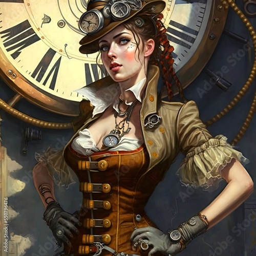 steam punk woman with a hat and metal glasses in front of a big vintage tower clock,fictional person made with generative ai