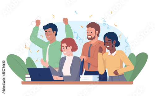 Successful project completion 2D vector isolated illustration. Happy colleagues with laptop flat characters on cartoon background. Colorful editable scene for mobile, website, presentation