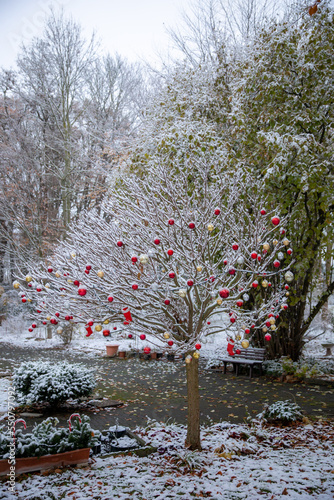 Geschmückter Baum im Garten mit Kugeln Christbaumkugeln im Schnee