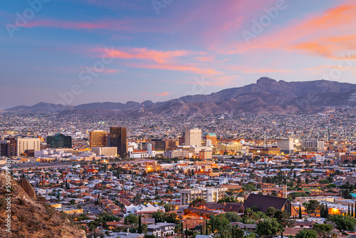 El Paso, Texas, USA downtown city skyline at dusk with Juarez, Mexico