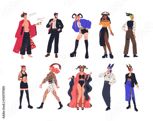 People in devil costumes set. Sexy men, women disguised, dressed in carnival outfit with demon horns for Halloween masquerade party. Flat graphic vector illustrations isolated on white background