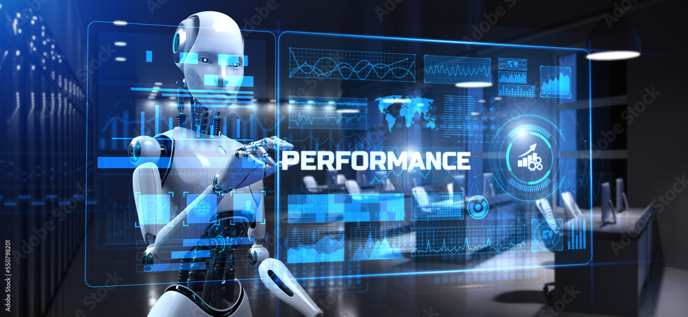Performance Efficiency KPI Business development concept. Robot pressing button on screen 3d render. Performance Efficiency KPI Business development concept. Robot pressing button on screen 3d render.